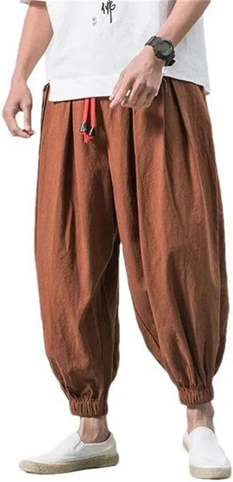 Spring Men's Harem Pants Chinese Style Lightweight Sports Pants Casual with Pocket Solid Color