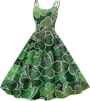 St Patricks Dresses for Women Party Sleeveless Vintage Off Shoulder Midi A-Line Shamrock Print Dresses