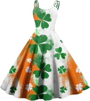 St Patricks Dresses for Women Party Sleeveless Vintage Off Shoulder Midi A-Line Shamrock Print Dresses