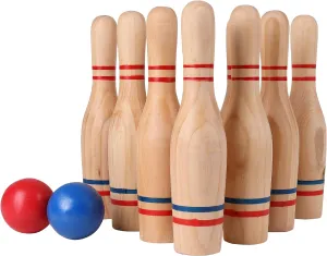 STERLING Sports Premium Wooden Lawn Bowling Skittles Set 11" Pins with Carrying Mesh Bag - 10 Heavy Solid Wooden Pins and 2 Balls - for Indoors and Outdoors