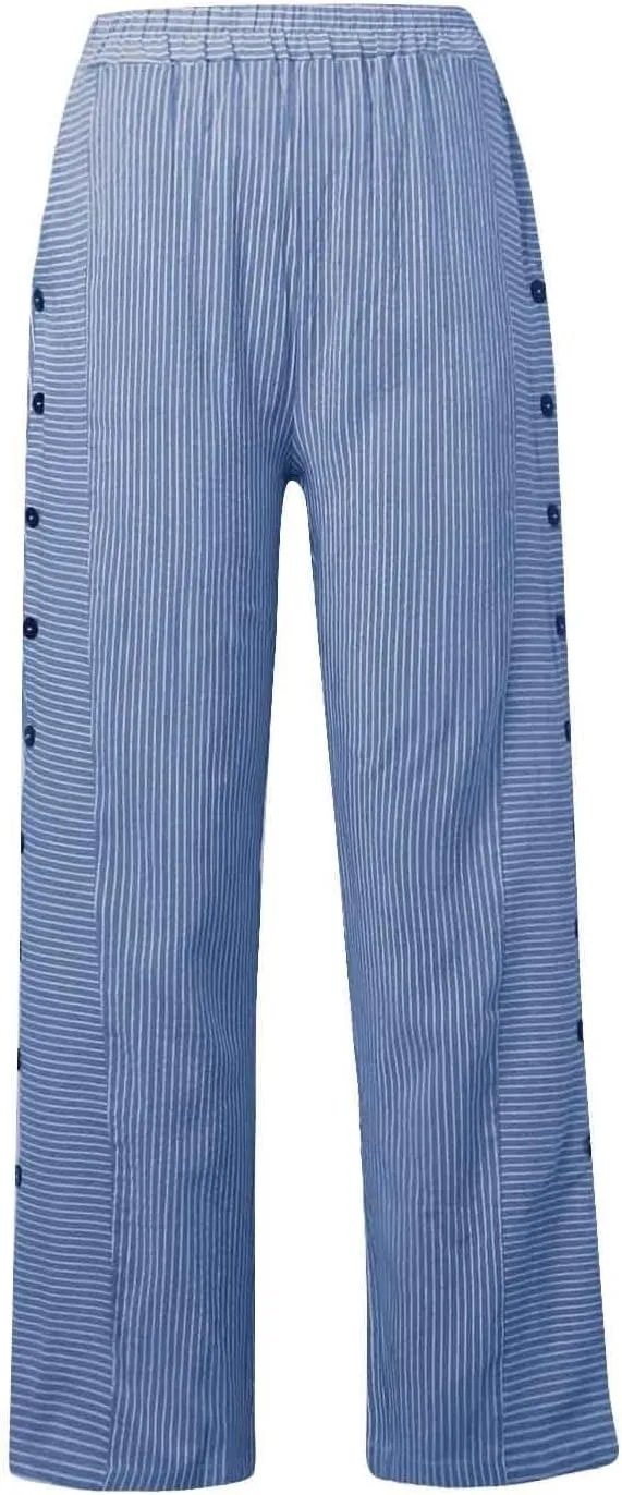 Striped Pants Women 2025 Summer Casual Side Button Elastic Waist Trendy Pants Straight Leg Baggy Trousers with Pocket