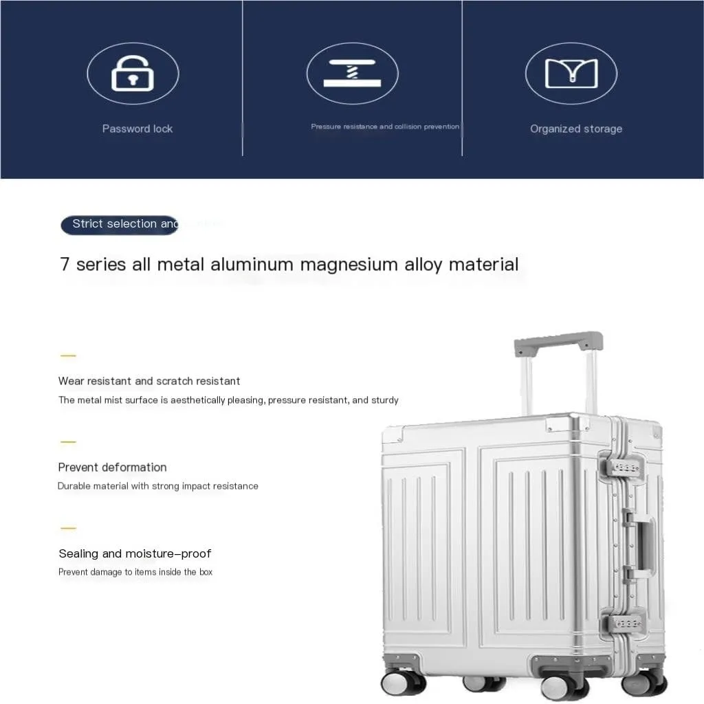 Suitcase All-aluminum Magnesium Alloy Metal Case Trolley Case Hard Case Men's And Women's Luggage Check-in Case Luggage(Silver,26in)
