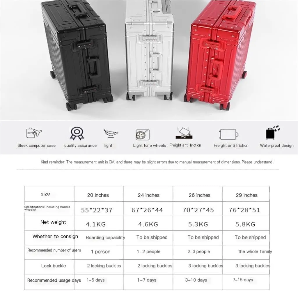 Suitcase All-aluminum Magnesium Alloy Metal Case Trolley Case Hard Case Men's And Women's Luggage Check-in Case Luggage(Silver,26in)