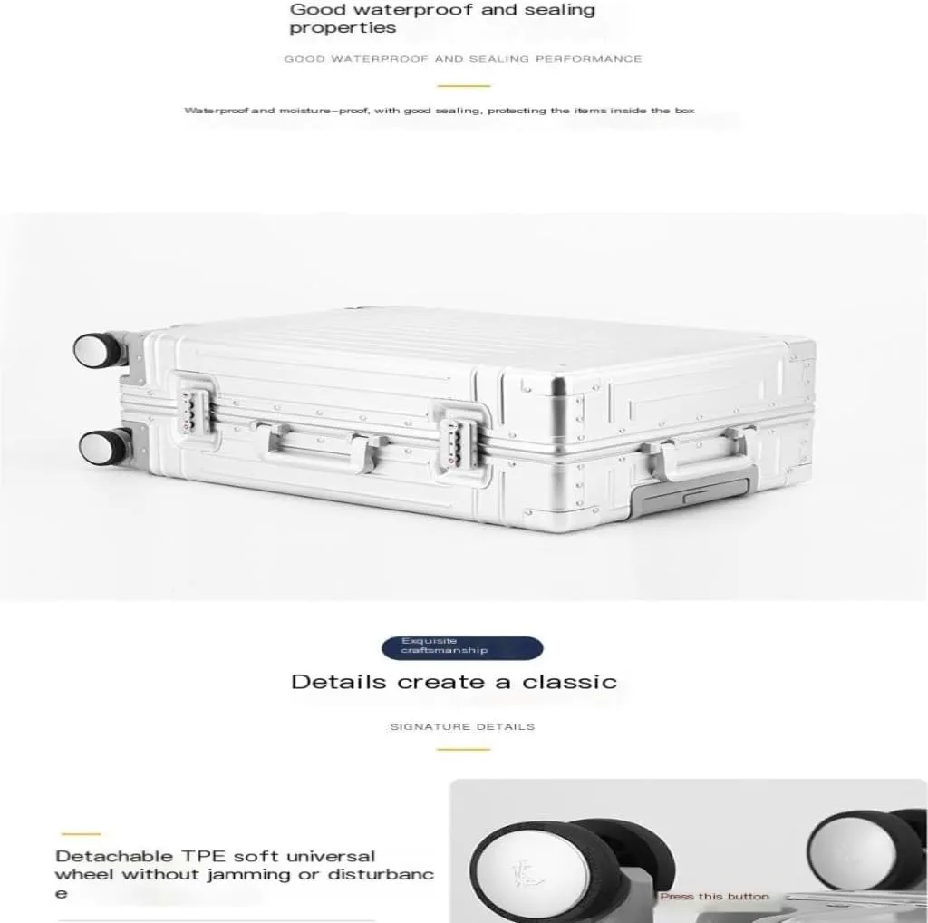 Suitcase All-aluminum Magnesium Alloy Metal Case Trolley Case Hard Case Men's And Women's Luggage Check-in Case Luggage(Silver,26in)