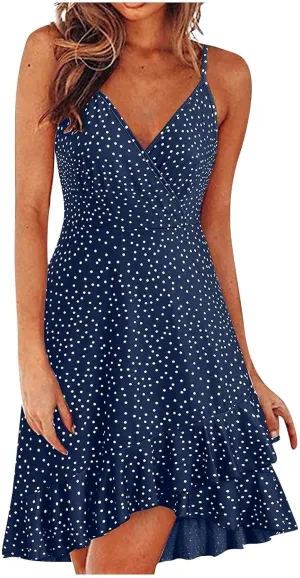 Summer Bohemian Women Dress Deep V Neck Mini Short Backless Beach Boho Spaghetti Strap Sleeveless Vacation Sundress