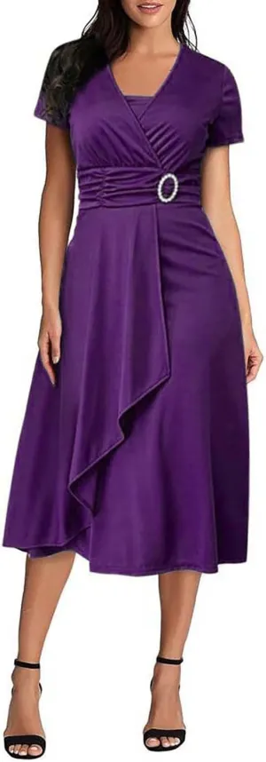 Summer Dresses 2023 Women Vintage Solid V Neck Short Sleeve Party Ruffled Long Irregular Hem Dress