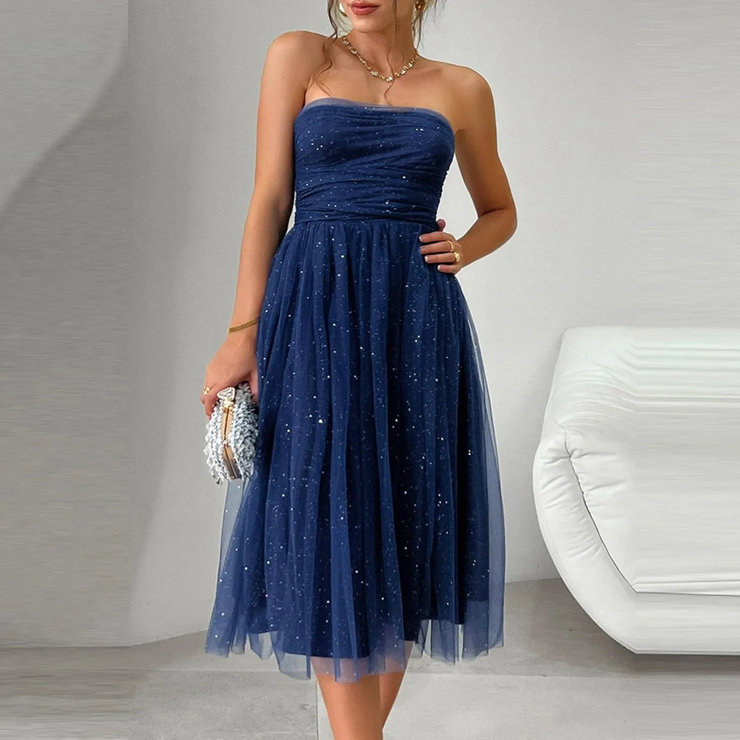 Summer Dresses for Women 2025 Mesh Splicing Double-Layer Tube Top Strapless Backless Cocktail Ruffle Mini Party Dress