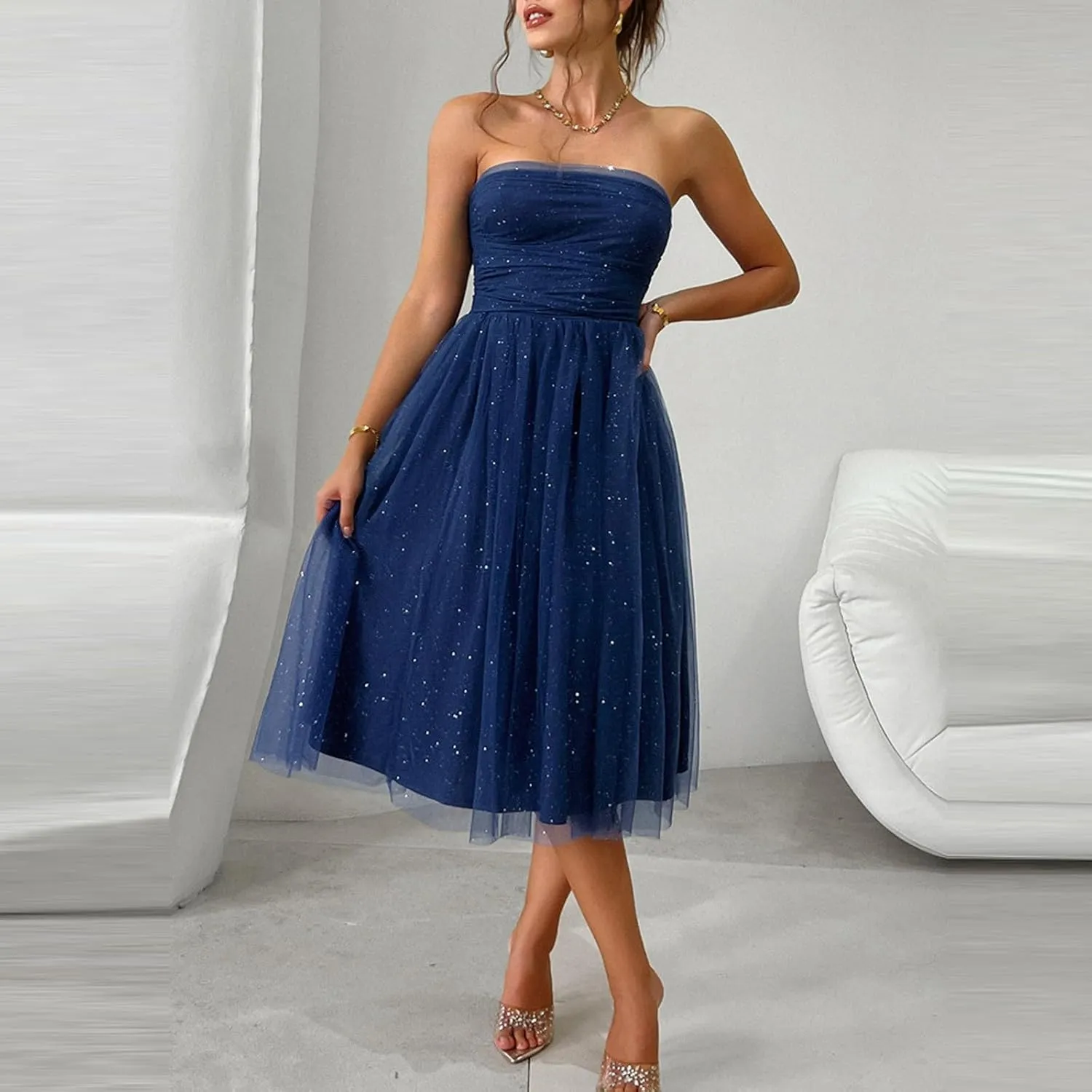 Summer Dresses for Women 2025 Mesh Splicing Double-Layer Tube Top Strapless Backless Cocktail Ruffle Mini Party Dress