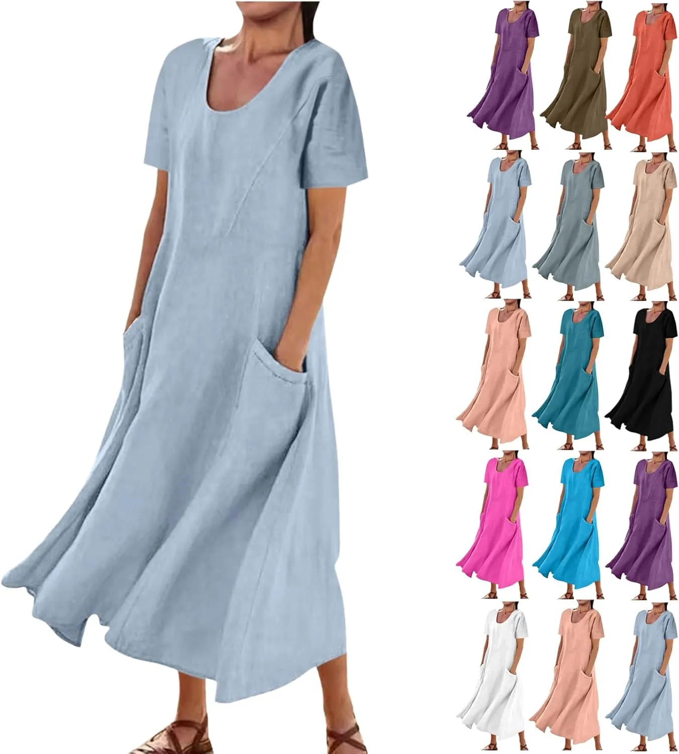 Summer Dresses for Women 2025 Plus Size Short Sleeve Cotton Linen Dress Causal Scoop Neck Ruffle Flowy Beach Sundress