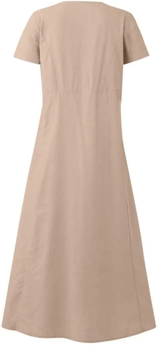 Summer Dresses for Women 2025 Plus Size Short Sleeve Cotton Linen Dress Causal Scoop Neck Ruffle Flowy Beach Sundress