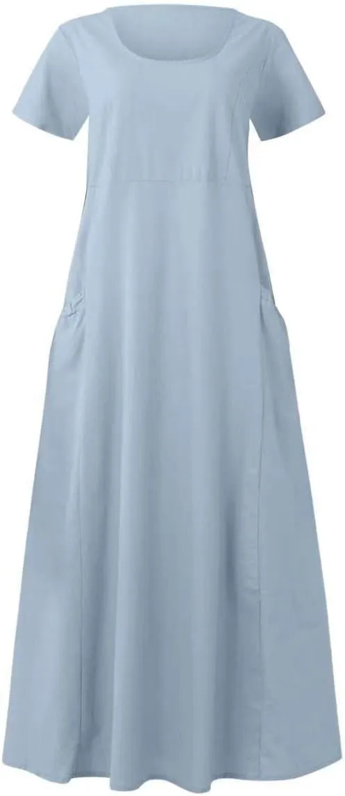 Summer Dresses for Women 2025 Plus Size Short Sleeve Cotton Linen Dress Causal Scoop Neck Ruffle Flowy Beach Sundress