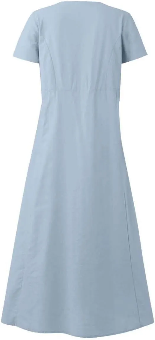 Summer Dresses for Women 2025 Plus Size Short Sleeve Cotton Linen Dress Causal Scoop Neck Ruffle Flowy Beach Sundress
