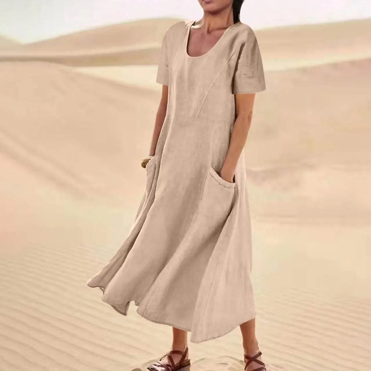 Summer Dresses for Women 2025 Plus Size Short Sleeve Cotton Linen Dress Causal Scoop Neck Ruffle Flowy Beach Sundress