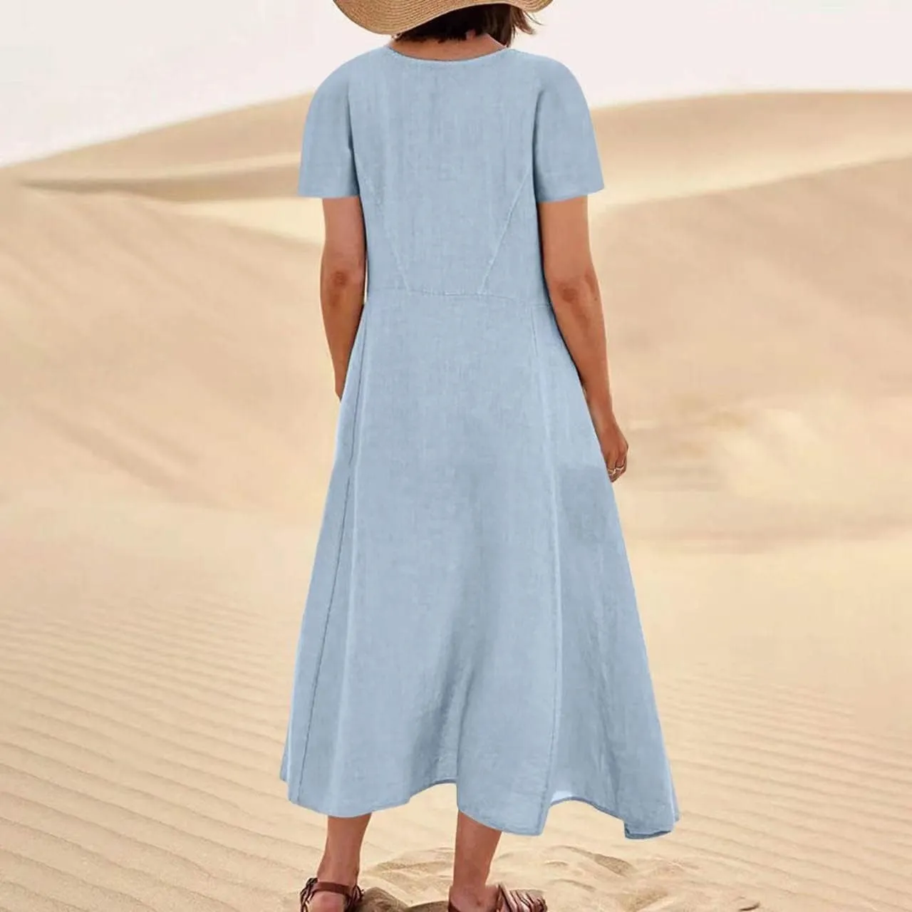 Summer Dresses for Women 2025 Plus Size Short Sleeve Cotton Linen Dress Causal Scoop Neck Ruffle Flowy Beach Sundress