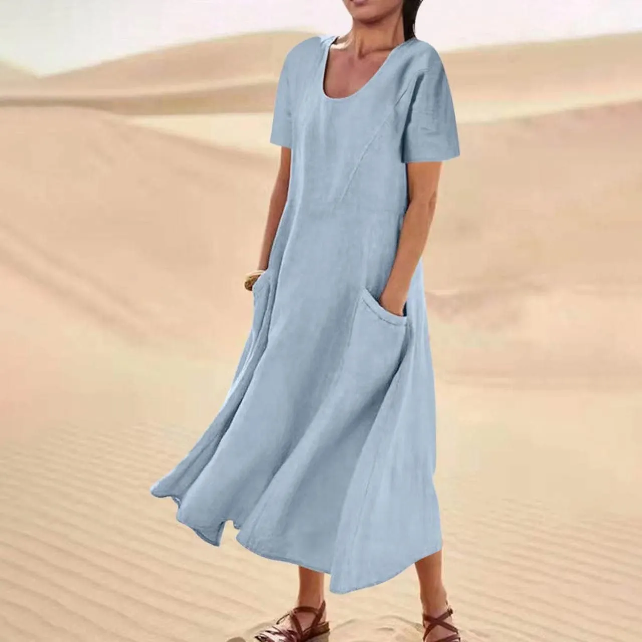 Summer Dresses for Women 2025 Plus Size Short Sleeve Cotton Linen Dress Causal Scoop Neck Ruffle Flowy Beach Sundress
