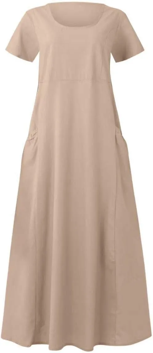 Summer Dresses for Women 2025 Plus Size Short Sleeve Cotton Linen Dress Causal Scoop Neck Ruffle Flowy Beach Sundress