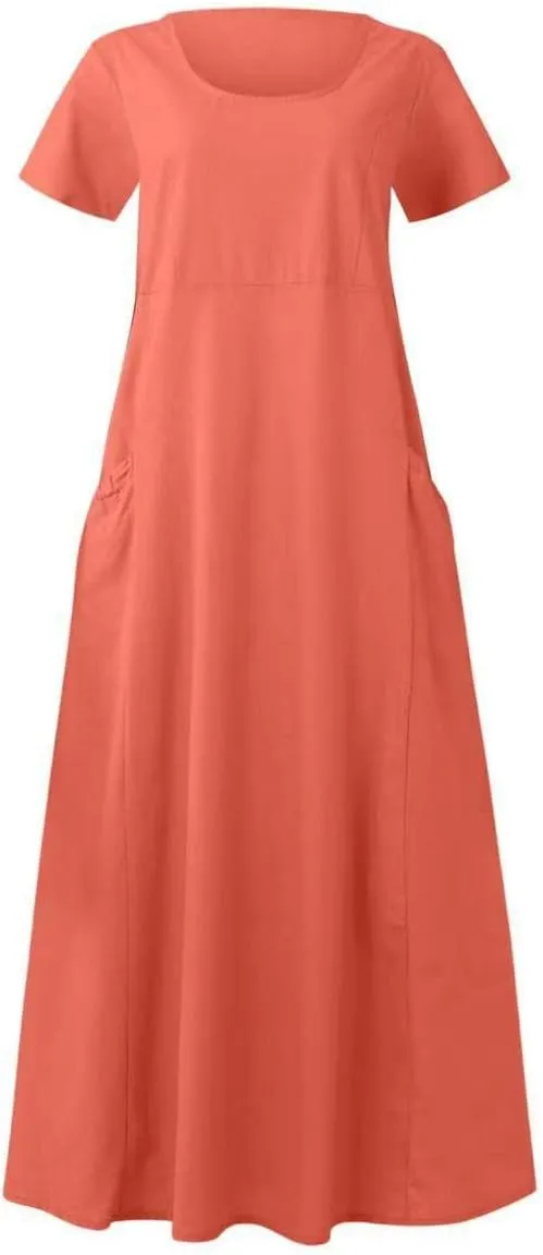 Summer Dresses for Women 2025 Plus Size Short Sleeve Cotton Linen Dress Causal Scoop Neck Ruffle Flowy Beach Sundress