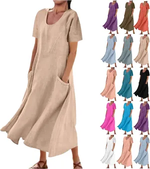 Summer Dresses for Women 2025 Plus Size Short Sleeve Cotton Linen Dress Causal Scoop Neck Ruffle Flowy Beach Sundress
