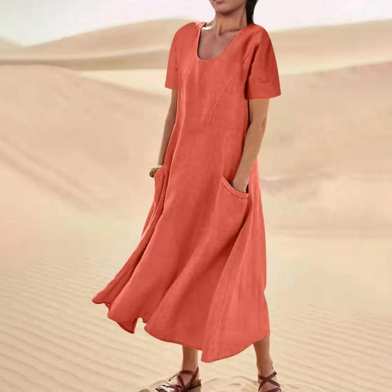 Summer Dresses for Women 2025 Plus Size Short Sleeve Cotton Linen Dress Causal Scoop Neck Ruffle Flowy Beach Sundress