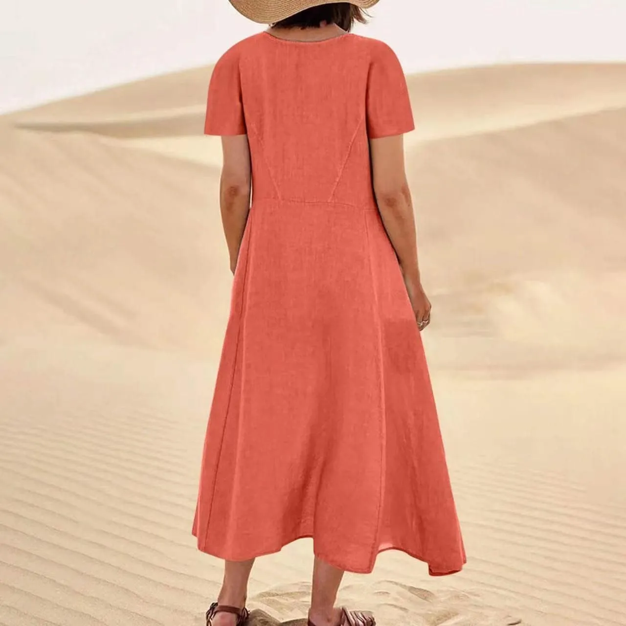 Summer Dresses for Women 2025 Plus Size Short Sleeve Cotton Linen Dress Causal Scoop Neck Ruffle Flowy Beach Sundress