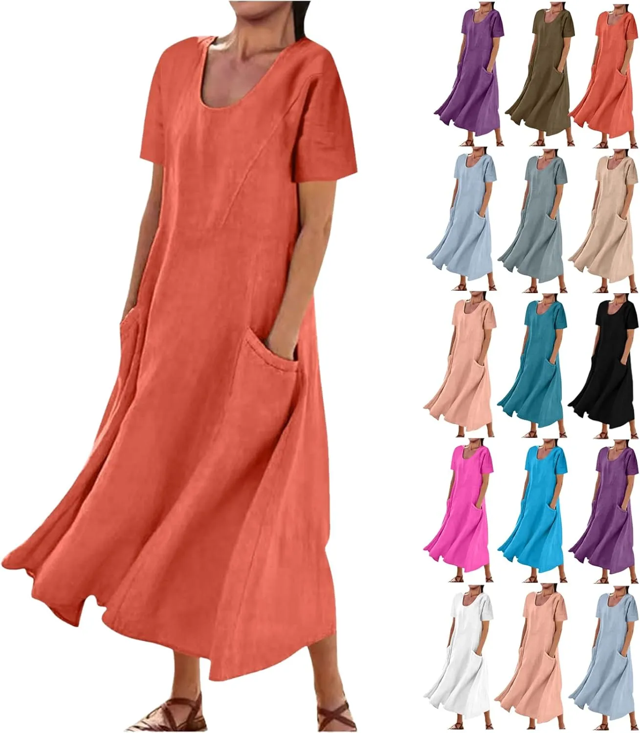 Summer Dresses for Women 2025 Plus Size Short Sleeve Cotton Linen Dress Causal Scoop Neck Ruffle Flowy Beach Sundress
