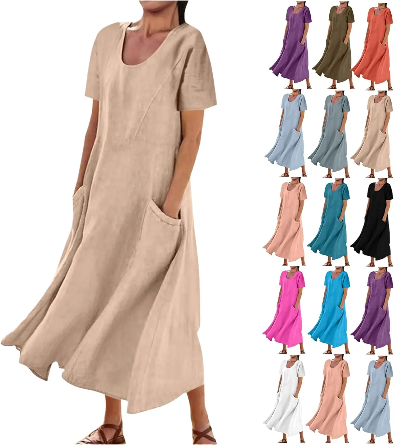 Summer Dresses for Women 2025 Plus Size Short Sleeve Cotton Linen Dress Causal Scoop Neck Ruffle Flowy Beach Sundress