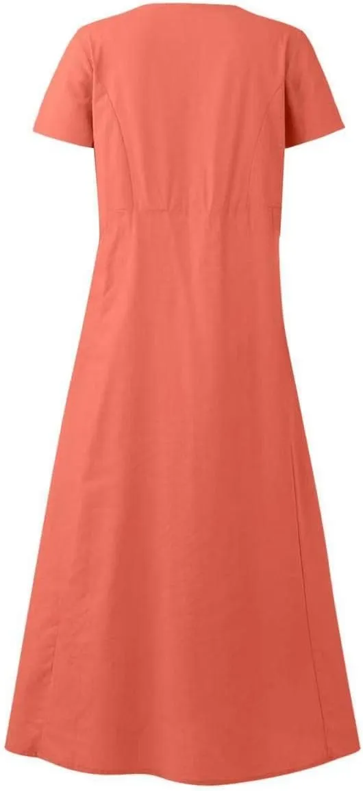 Summer Dresses for Women 2025 Plus Size Short Sleeve Cotton Linen Dress Causal Scoop Neck Ruffle Flowy Beach Sundress
