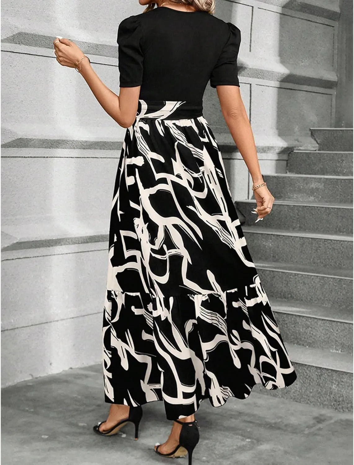 Summer Dresses for Women Puff Sleeve Maxi Dress Casual Flowy Floral Short Sleeve Sundress with Belt