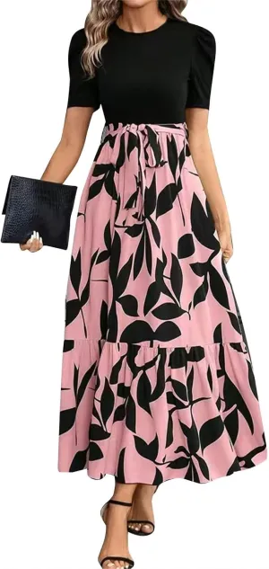 Summer Dresses for Women Puff Sleeve Maxi Dress Casual Flowy Floral Short Sleeve Sundress with Belt
