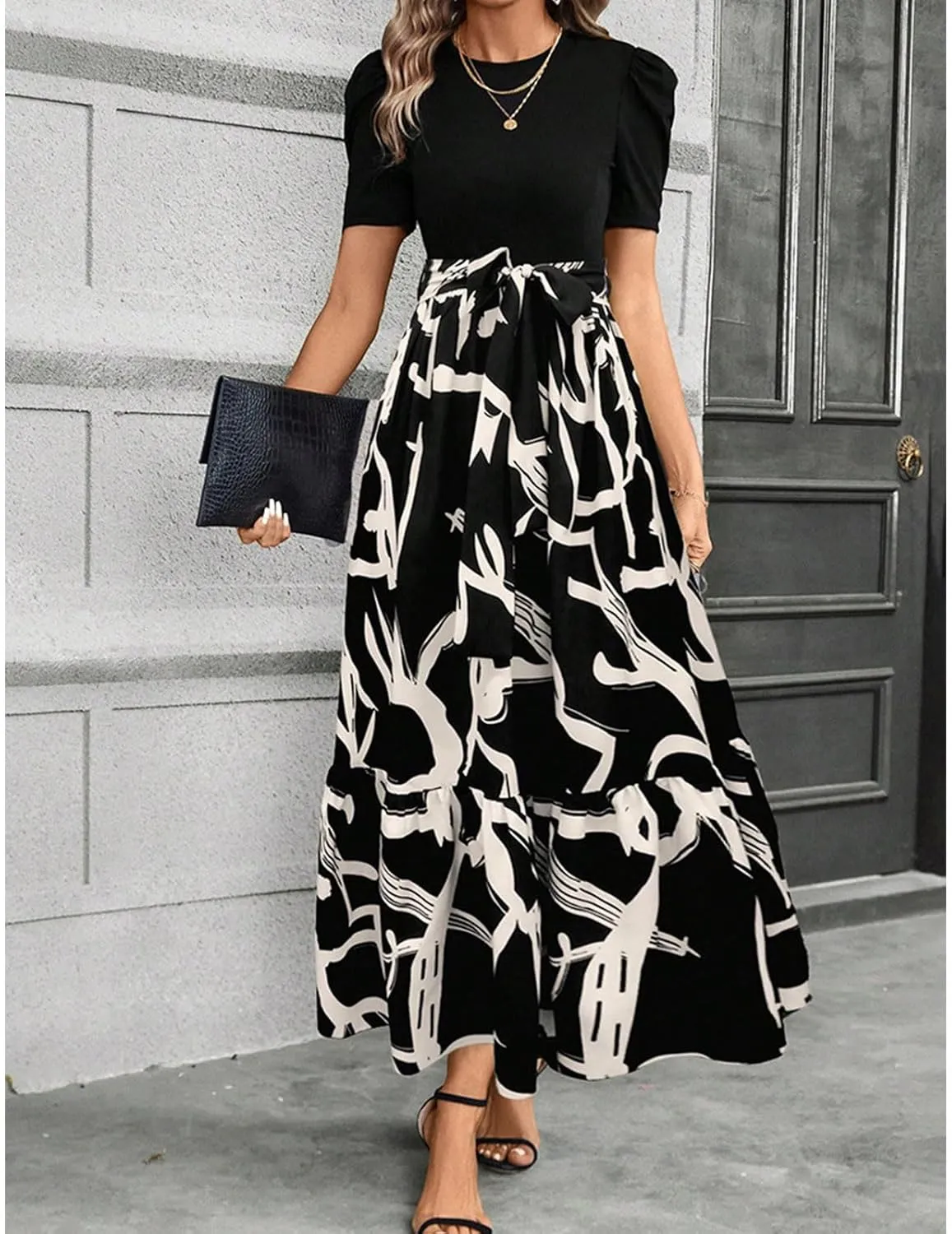 Summer Dresses for Women Puff Sleeve Maxi Dress Casual Flowy Floral Short Sleeve Sundress with Belt