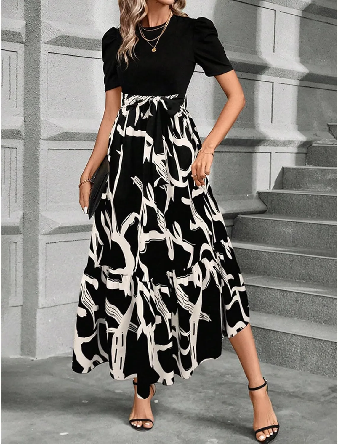 Summer Dresses for Women Puff Sleeve Maxi Dress Casual Flowy Floral Short Sleeve Sundress with Belt