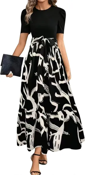 Summer Dresses for Women Puff Sleeve Maxi Dress Casual Flowy Floral Short Sleeve Sundress with Belt