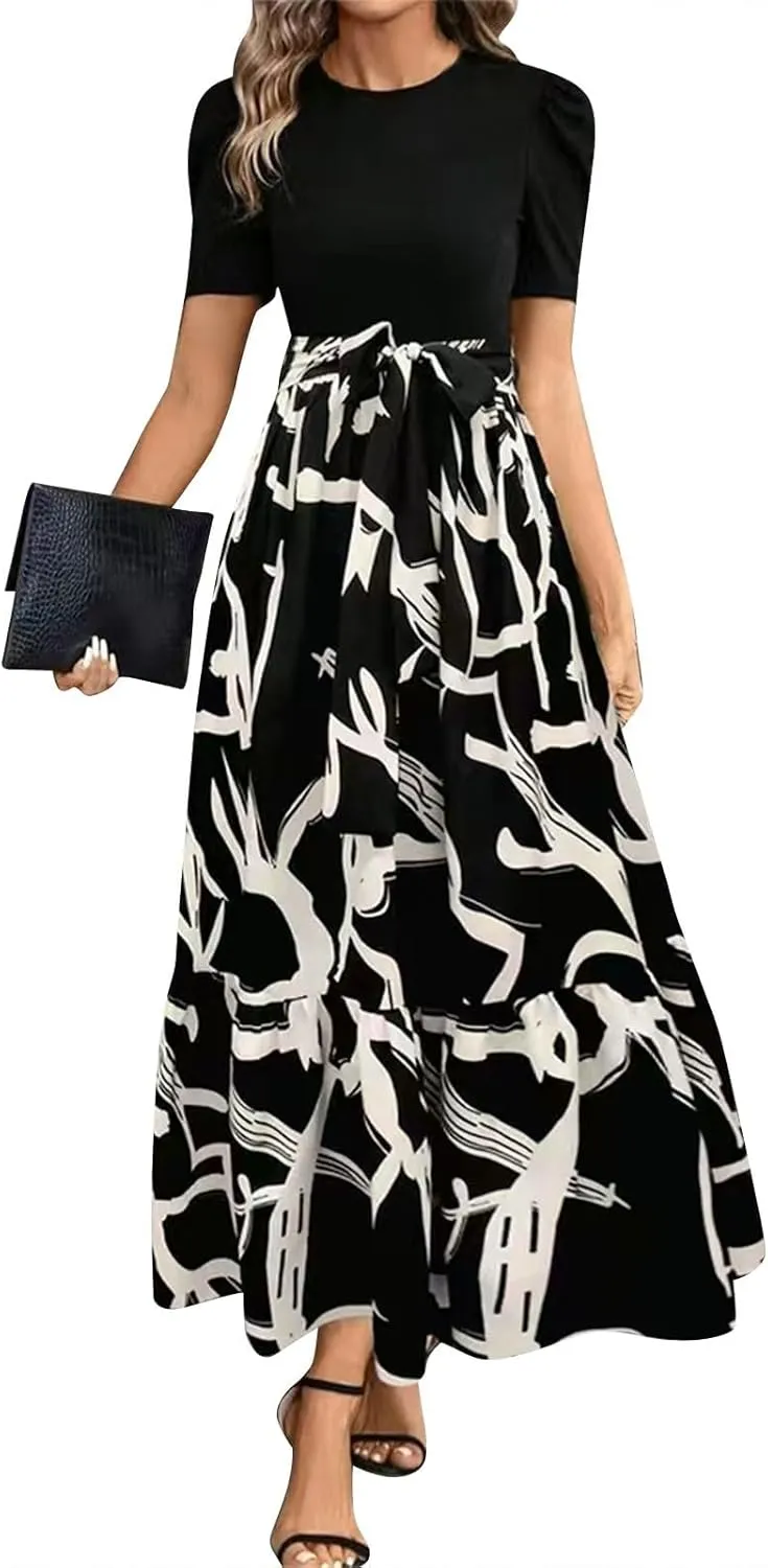 Summer Dresses for Women Puff Sleeve Maxi Dress Casual Flowy Floral Short Sleeve Sundress with Belt