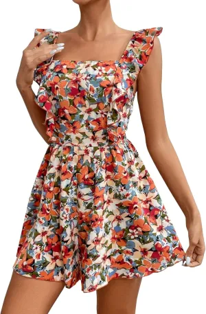 Summer Dresses Women Casual Sleeveless Ruffle Mini Dress Boho Floral High Waist A-Line Backless Bow Tie Short Dresses