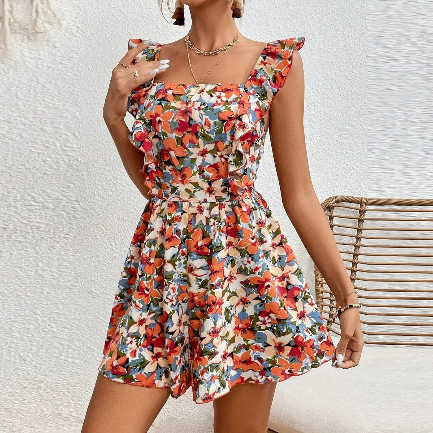 Summer Dresses Women Casual Sleeveless Ruffle Mini Dress Boho Floral High Waist A-Line Backless Bow Tie Short Dresses