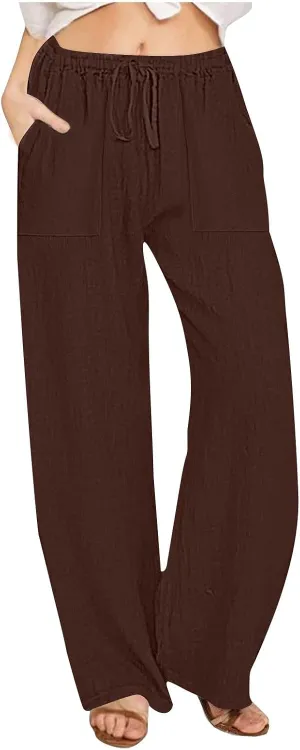 Summer Linen Pants for Women Trendy 2025 High Waisted Drawstring Lounge Trousers Flowy Boho Beach Pant Vacation Outfits