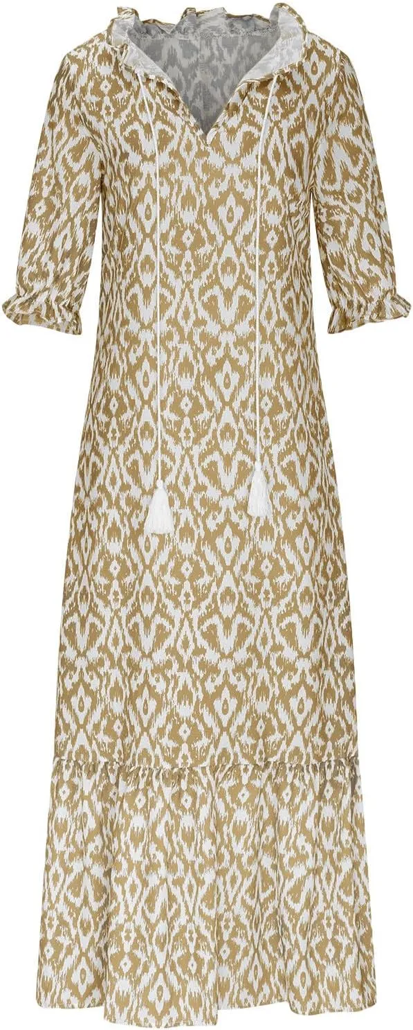 Summer Long Boho Dresses for Women 2025 Flowy Half Sleeve V Neck Maxi Dress Casual Beach Vacation Outfits Sundress
