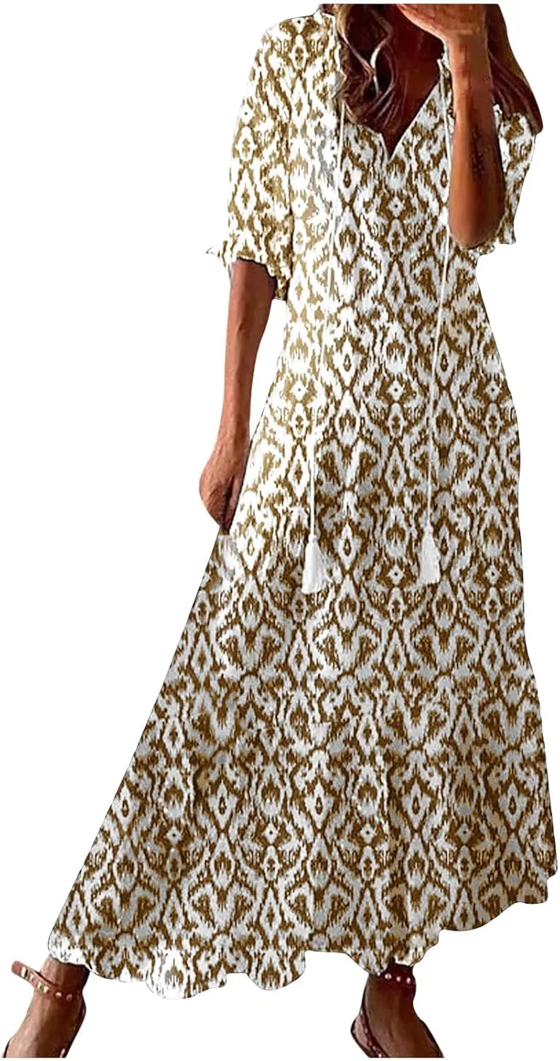 Summer Long Boho Dresses for Women 2025 Flowy Half Sleeve V Neck Maxi Dress Casual Beach Vacation Outfits Sundress