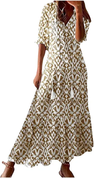 Summer Long Boho Dresses for Women 2025 Flowy Half Sleeve V Neck Maxi Dress Casual Beach Vacation Outfits Sundress