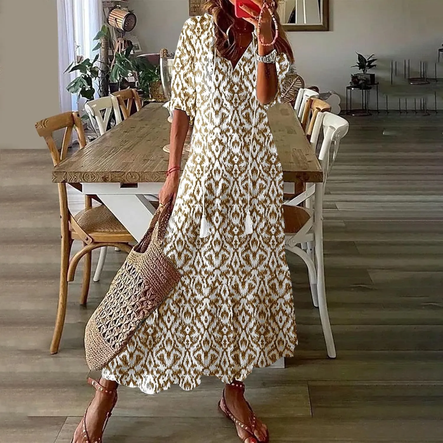 Summer Long Boho Dresses for Women 2025 Flowy Half Sleeve V Neck Maxi Dress Casual Beach Vacation Outfits Sundress