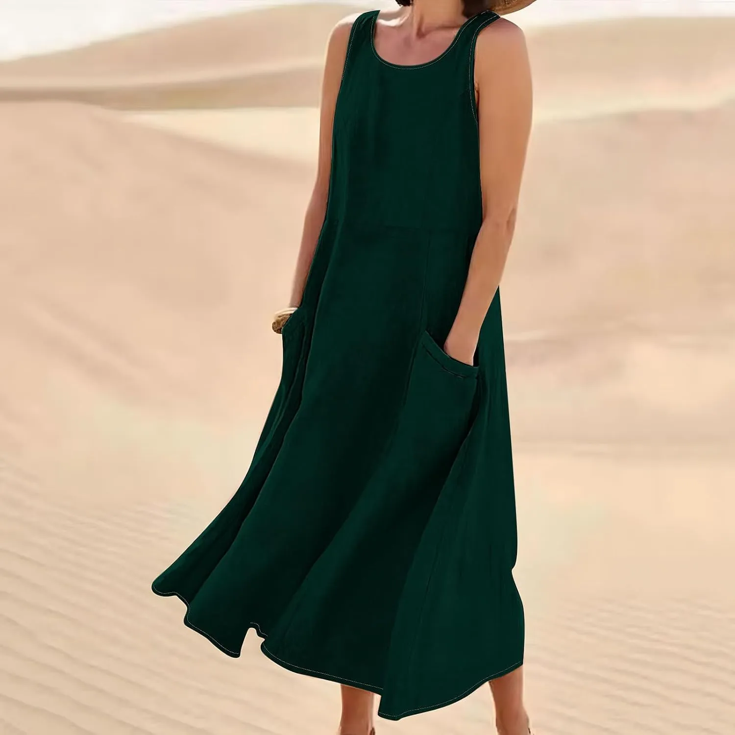 Summer Spring Dresses for Women 2025 Plus Size Sleeveless Cotton Linen Tank Dress Casual Beach Sundress with Pockets