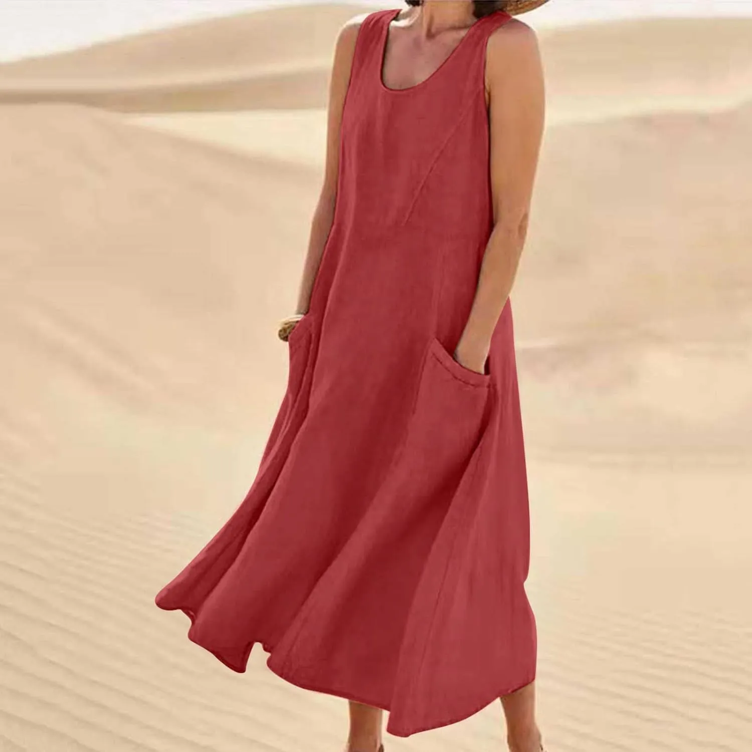 Summer Spring Dresses for Women 2025 Plus Size Sleeveless Cotton Linen Tank Dress Casual Beach Sundress with Pockets