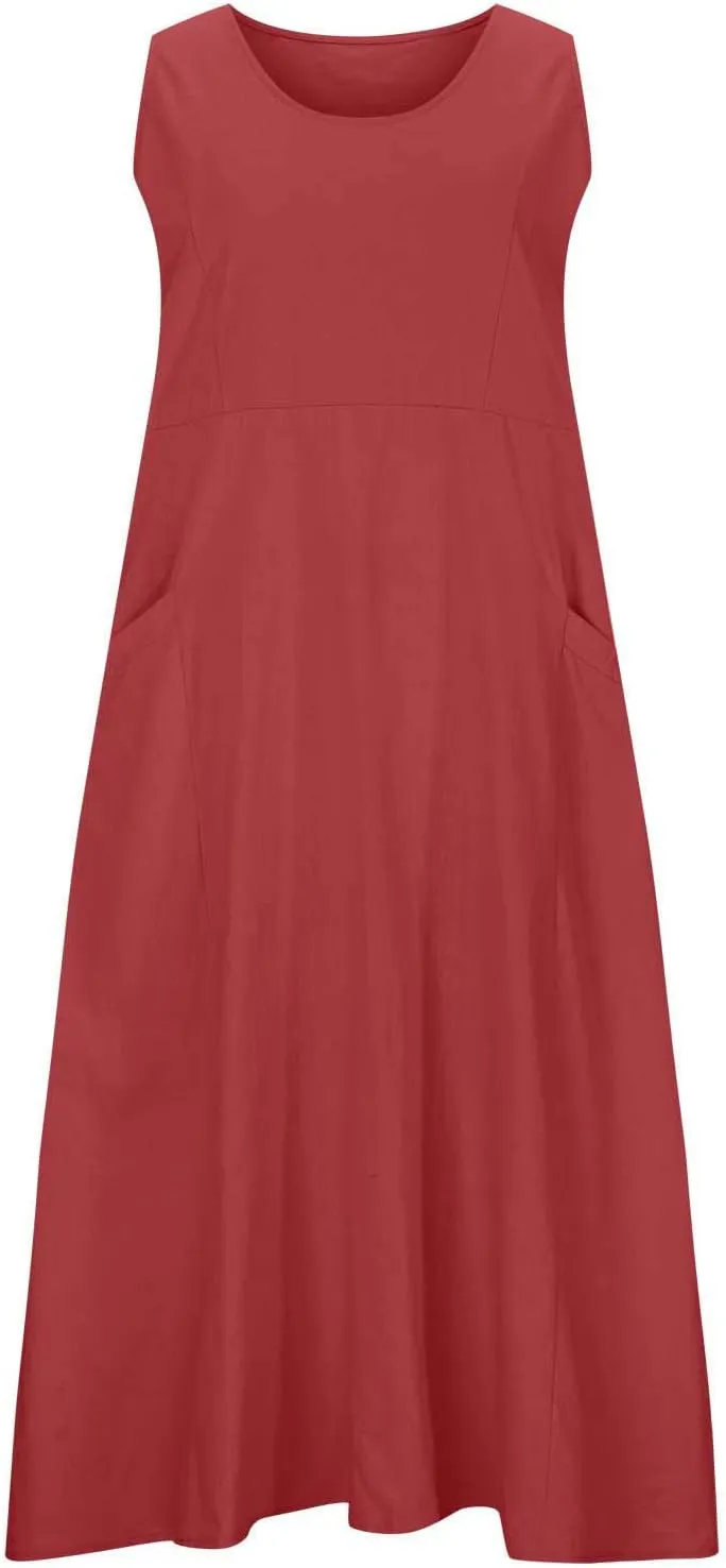 Summer Spring Dresses for Women 2025 Plus Size Sleeveless Cotton Linen Tank Dress Casual Beach Sundress with Pockets