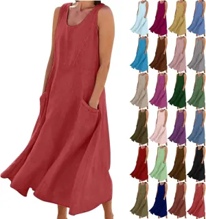Summer Spring Dresses for Women 2025 Plus Size Sleeveless Cotton Linen Tank Dress Casual Beach Sundress with Pockets