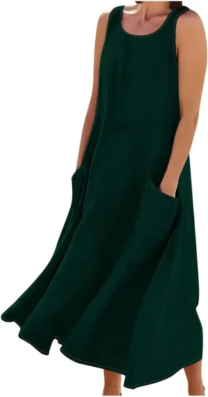 Summer Spring Dresses for Women 2025 Plus Size Sleeveless Cotton Linen Tank Dress Casual Beach Sundress with Pockets