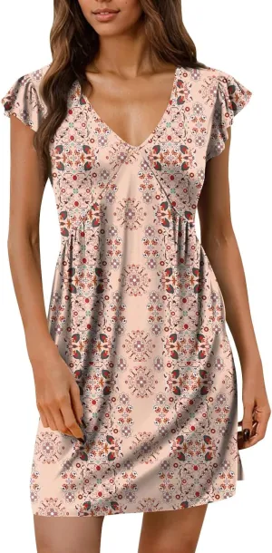 Sundresses for Women Travel Deep V Neck Floral Flowy Mini Dress Modest Ruffle Cap Sleeve Travel Casual Beach Dress