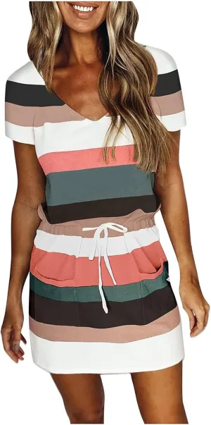 Sundresses for Women,2024 Summer Casual Sling V Neck Mini Dress,Trendy Striped Drawstring T Shirt Dress with Pockets