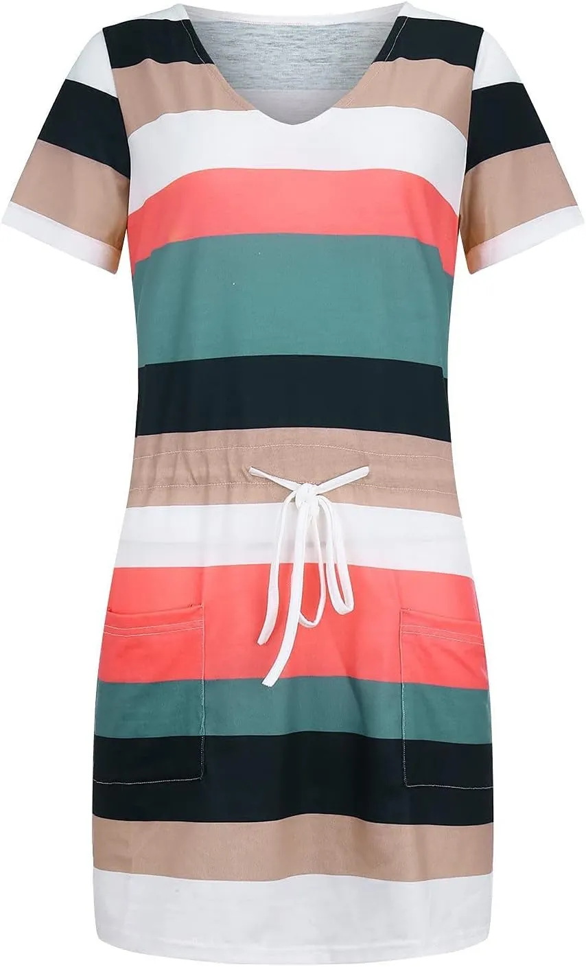 Sundresses for Women,2024 Summer Casual Sling V Neck Mini Dress,Trendy Striped Drawstring T Shirt Dress with Pockets