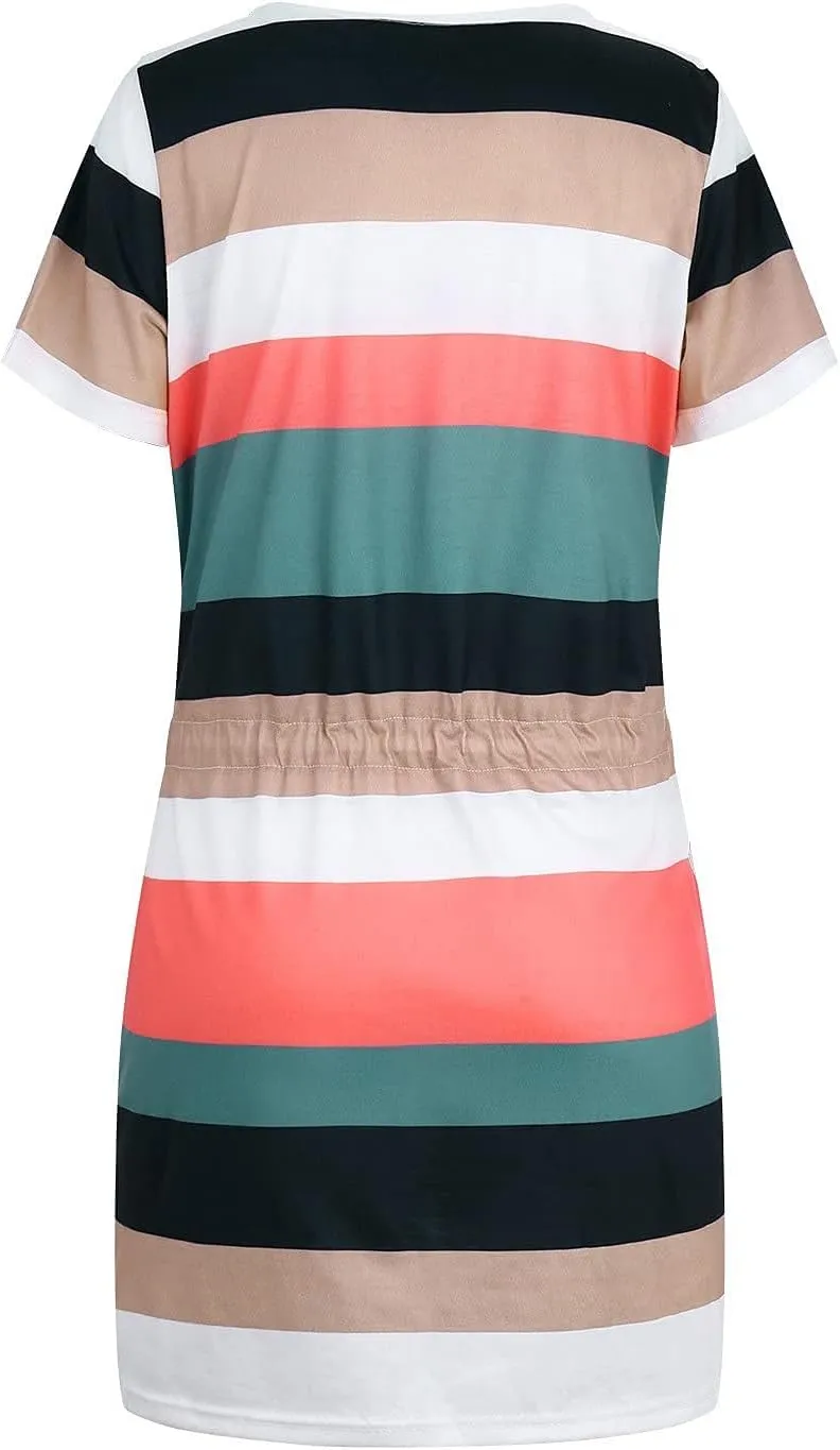 Sundresses for Women,2024 Summer Casual Sling V Neck Mini Dress,Trendy Striped Drawstring T Shirt Dress with Pockets