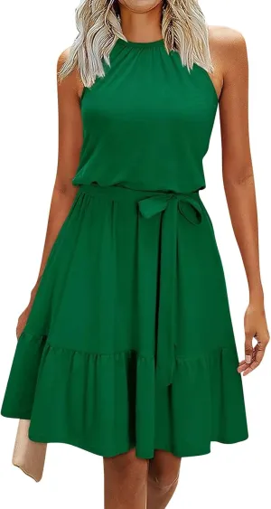 Sundresses for Women,2025 Spring Summer Elegant Sleeveless Halter Mini Beach Dress,Flowy Ruched Swing Vacation Dress